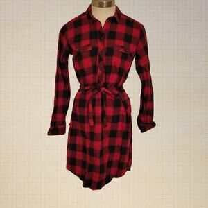 Eddie Bauer Womens Size 6 Red Black Plaid Fall Midi Shirt Dress Waist Tie
